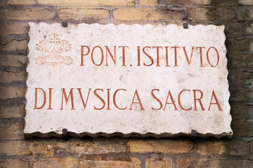 Marble plaque of the Pontifical Institute of Sacred Music, institution of higher education of the Roman Catholic Church specifically dedicated to the study of church music