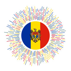 Moldova sign. Country flag with colorful rays. Radiant sunburst with Moldova flag. Vector illustration.