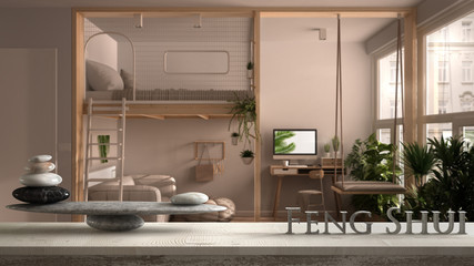 Wooden vintage table or shelf with stone balance, over studio apartment with loft bunk double bed, mezzanine, swing, feng shui, zen concept architecture interior design