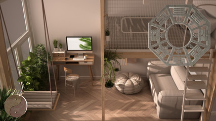 Interior design project with feng shui consultancy, studio apartment with bunk loft bed, top view with bagua and tao symbol, yin and yang polarity, monogram concept background