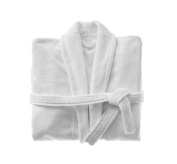 Clean folded bathrobe isolated on white, top view - obrazy, fototapety, plakaty