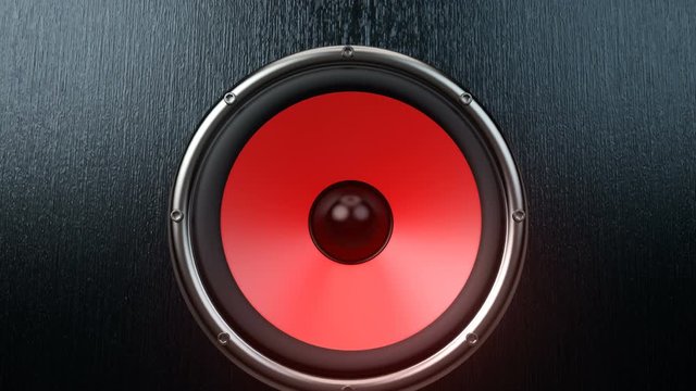 Dozen of audio speakers with red membrane vibrating synchronously while playing simultaneously modern music at 90bpm frequency. Suitable for rock or dance party music illustration.
