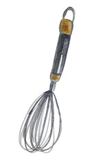 Watercolor kitchen whisk made of metal with decorative wooden inserts on a white background, for compositions on the theme of cooking, food, desserts.