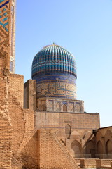 Remains of the Bibi Khanum Mosque and its blue dome, Samarkand, Uzbekistan.