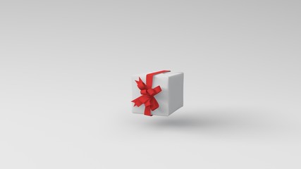 3d render of wrapped gift illustration in a white background. Copy space, red ribbon, white box. Perfect for celebrations.