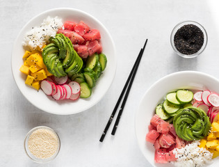 Ahi tuna poke bowl with chopsticks.