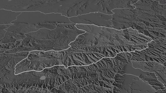 Baghlan, province with its capital, zoomed and extruded on the bilevel map of Afghanistan in the conformal Stereographic projection. Animation 3D