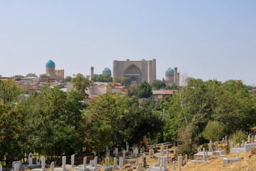 Remains of the Bibi Khanum Mosque and its blue dome, Samarkand, Uzbekistan.