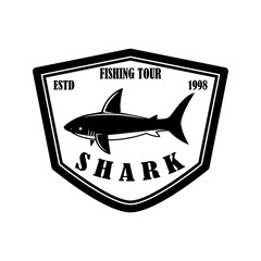 Sea fishing. Emblem template with shark fish. Design element for logo, label, sign, poster. Vector illustration