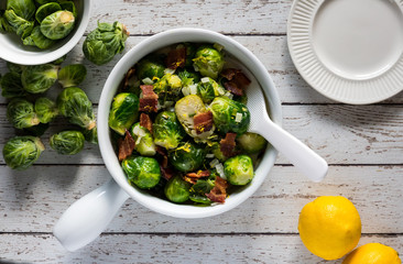 Cooked brussel sprouts and bacon.
