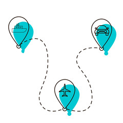  The route of the trip with different transport. Logistics of movement. The connection between locations. Icons with dotted line. Design element. Vector illustration. Isolated on white background.
