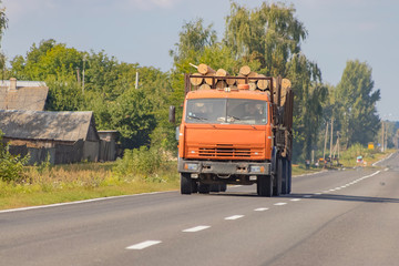 Fototapeta na wymiar Timber truck with a forest rides on the highway with cargo