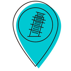 Pisa tower on the map. Location for tourism. Historical memory. Famous place. Navigation in the city. Design element. Vector illustration. Icon with shadow isolated on white background.