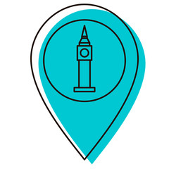 Big Ben in London on the map. Location for tourism. Historical memory. Famous place. Navigation in the city. Design element. Vector illustration. Icon with shadow isolated on white background.