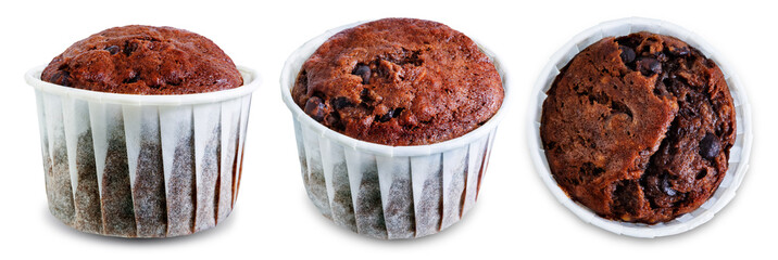 Chocolate cupcakes with cream cheese frosting on a white isolated background