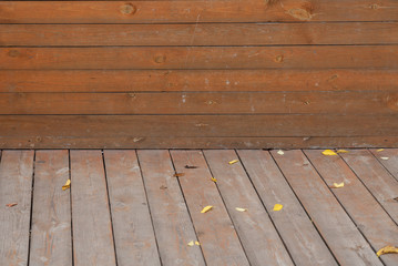 Wooden planks background, old brown texture with autumn leaves