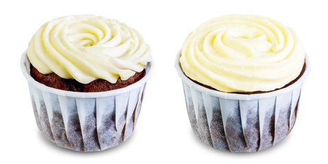 Chocolate cupcakes with cream cheese frosting on a white isolated background