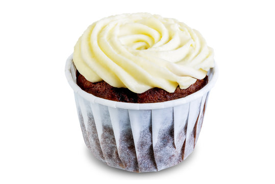 Chocolate cupcakes with cream cheese frosting on a white isolated background