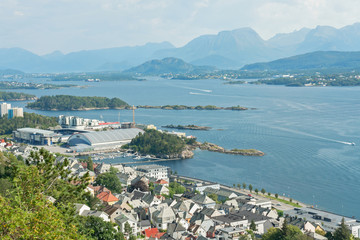 Fototapeta na wymiar Alesund town panoramic sea landscape view, Norway. Art Nouveau style houses.