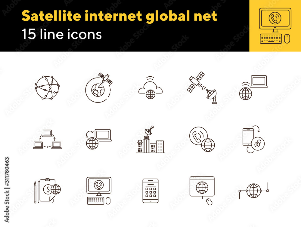 Poster satellite internet global net thin line icon set