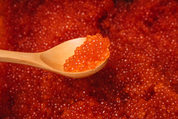 Red caviar in a wooden spoon.