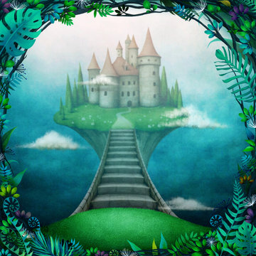 Conceptual magic background with  castle in the clouds on  small island