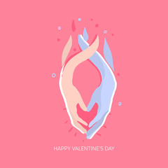 Obraz na płótnie Canvas Happy Valentines day, greeting card. Holding hands on pink background. Romantic vector illustration