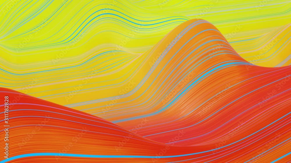 Poster beautiful abstract background of waves on surface, red yellow color gradients, extruded lines as str