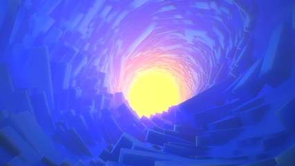 Abstract technology round tunnel filled by long boxes and yellow warm and volumetric light in the background. 3D rendering illustration with place for your text