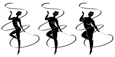 Collection. Silhouette of a cute lady, she is engaged in rhythmic gymnastics with a ribbon. The woman is overweight and slender girl athlete. Vector illustration set