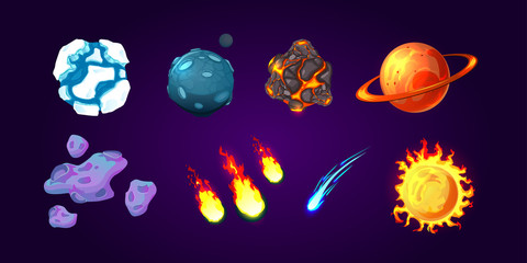 Planets And Asteroids Cartoon Set