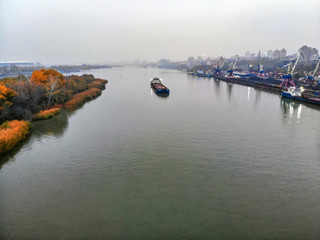 Fototapeta premium View of river port in Rostov-on-Don in autumn taken by drone