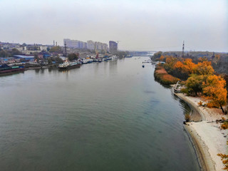 Fototapeta premium View of river port in Rostov-on-Don in autumn taken by drone