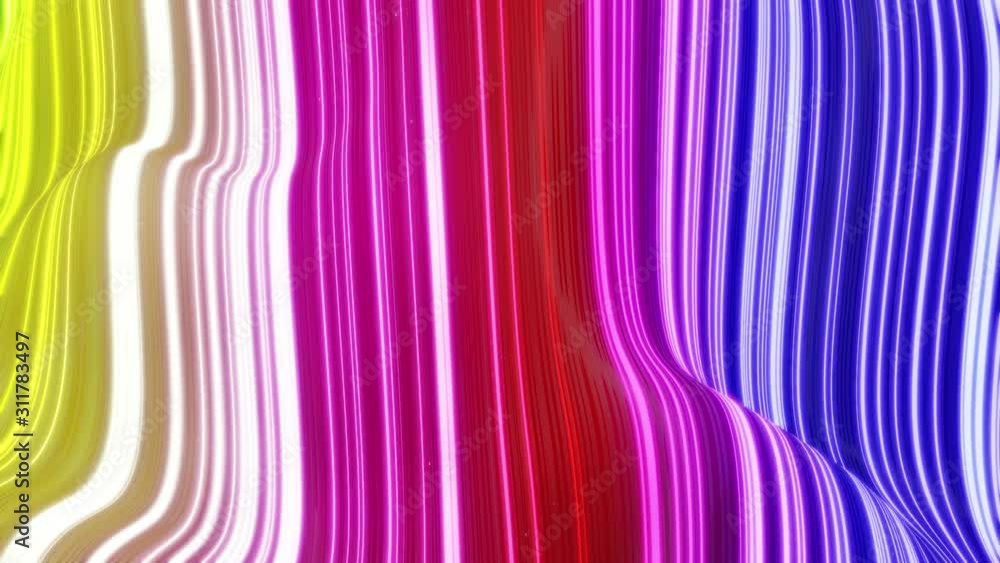 Aufkleber Beautiful abstract background of waves on surface, rainbow color gradients, extruded lines as striped fabric surface with folds or waves on liquid. 4k loop. Glow lines. 1