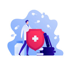 Healthcare preotection concept. Vector flat people illustration. Doctor holding red shield with white cross, books and bottle of pill. Design element for medicine banner, background, web, infographic