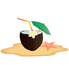 Tropical cocktail in coconut. Starfish in the sand. vector art