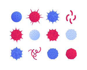 Microbiology medicine concept. Vector flat illustration. Virus and bacteria icon set isolated on white. Design element for vaccine banner, poster, background, web, healthcare infographic.