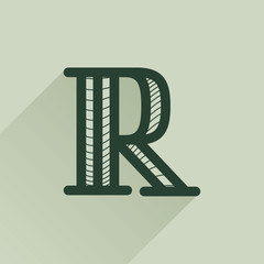 R letter logo in retro money style with line pattern and shadow.