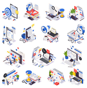 Isometric Time Management Planning Schedule Icon Set