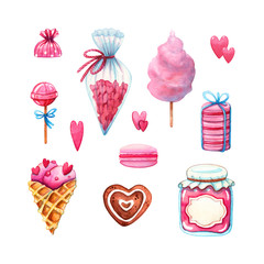watercolor drawn pink sweets for valentine's day