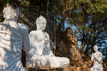 Statues in lotus position in the temple park.