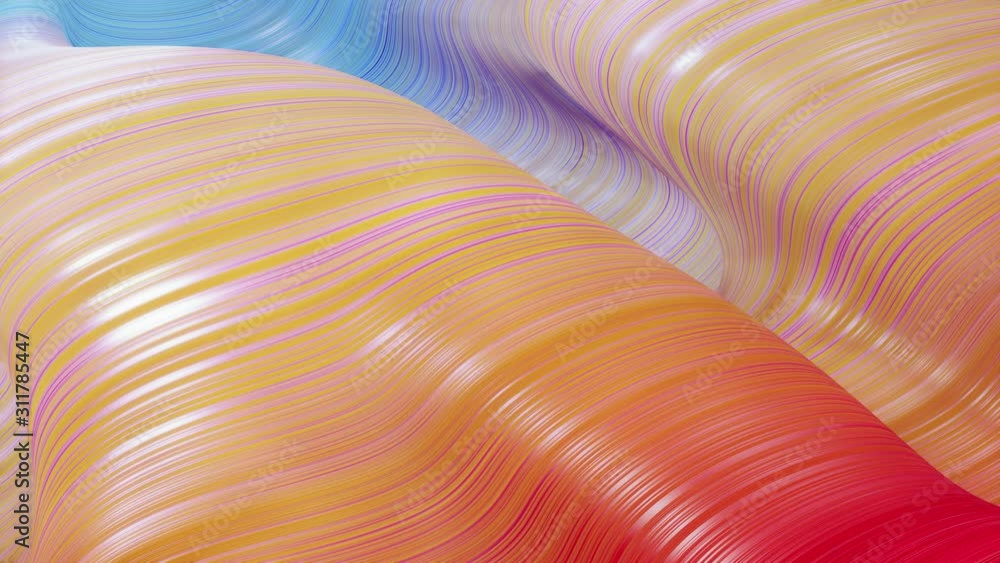 Poster beautiful abstract background of waves on surface, red yellow color gradients, extruded lines as str
