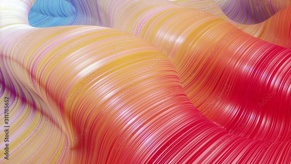 Poster beautiful abstract background of waves on surface, red yellow color gradients, extruded lines as str