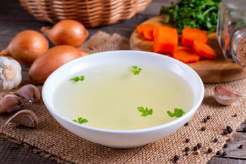 Fresh fish broth. Fish soup with ingredients and spices for cooking