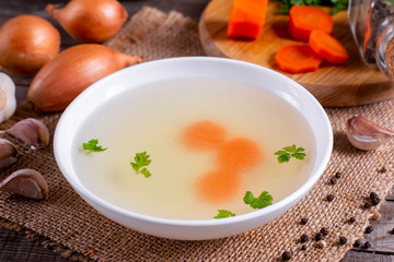 Fresh fish broth. Fish soup with ingredients and spices for cooking