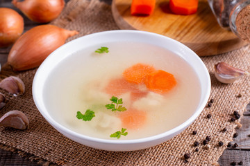Fresh fish broth. Fish soup with ingredients and spices for cooking