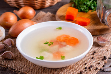 Fresh fish broth. Fish soup with ingredients and spices for cooking