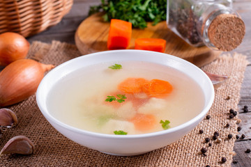 Fresh fish broth. Fish soup with ingredients and spices for cooking