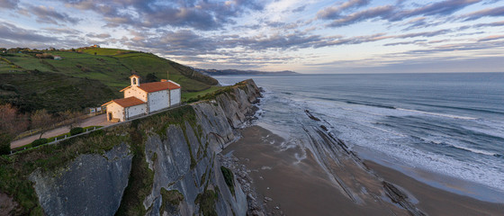 San Telmo hermitage in Zumaia - drone aerial view, Basque Country