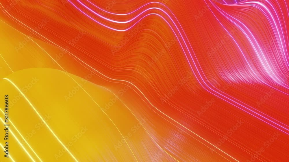 Poster Beautiful abstract background of waves on surface, red yellow color gradients, extruded lines as striped fabric surface with folds or waves on liquid. 4k loop. Glow lines. 3